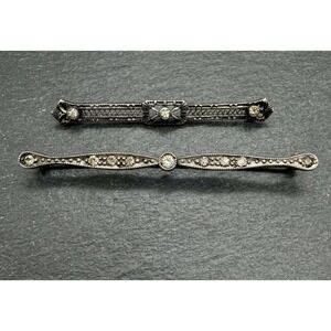 Pair of Antique Sterling Silver Filigree Bar Pin Brooches Art Deco Edwardian Pin